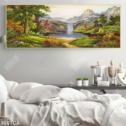 Tranh sơn dầu trang trí nội thất thác nước và rừng núi in kính