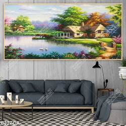 Tranh sơn dầu Châu Âu ngôi nhà nhỏ bên dòng sông file gốc