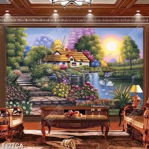 Tranh sơn dầu Châu Âu ngôi nhà nhỏ bên dòng sông xanh đẹp decor tường