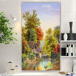 Tranh gắn tường phong cảnh ngôi nhà lá bên dòng sông