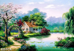 Tranh sơn dầu Châu Âu ngôi nhà bên hồ nước khổ ngang gắn tường