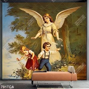 Tranh sơn dầu cô gái bên những đứa bé đẹp nhất in kính