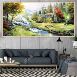 Tranh gắn tường sơn dầu phong cảnh ngôi nhà bên suối đá in uv