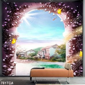 Tranh phong cảnh ngôi nhà bên hồ nước trang trí nội thất