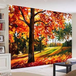 Tranh sơn dầu cây mùa lá vàng nghệ thuật dán tường