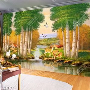 Tranh sơn dầu Châu Âu dòng sông bên rừng cây xanh file gốc