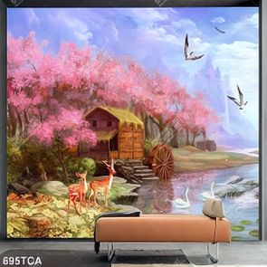 Tranh sơn dầu ngôi nhà lợp lá bên dòng sông đẹp