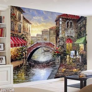 Tranh sơn dầu Châu Âu khu phố trên dòng sông