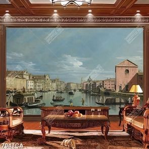 Tranh sơn dầu dòng sông bên thành phố đẹp