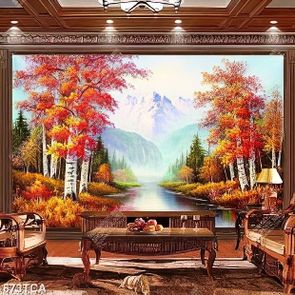 Tranh sơn dầu cây lá đỏ bên dòng sông trang trí tường file psd