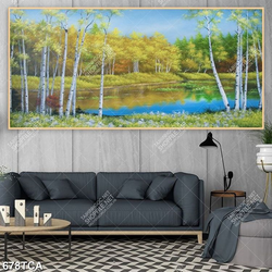 Tranh sơn dầu Châu Âu dòng sông và cây lá vàng đẹp in kính