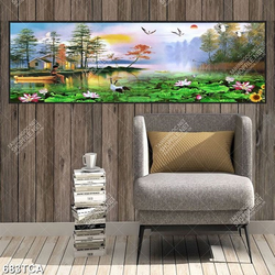 Tranh sơn dầu cậu bé bên đầm hoa sen và chim  hạc đẹp in kính