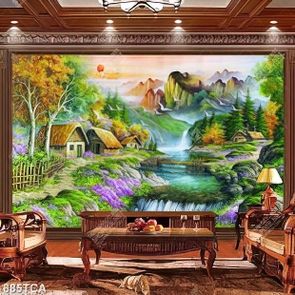 Tranh sơn dầu phong cảnh Châu Âu ngôi làng bên thác nước in uv