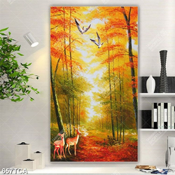 Tranh sơn dầu phong cảnh mùa thu cây lá vàng và nai trang trí tường Tranh sơn dầu phong cảnh mùa thu cây lá vàng và nai trang trí tường