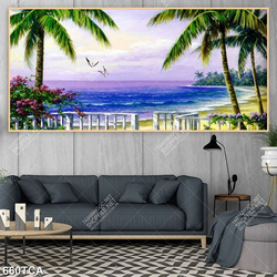 Tranh sơn dầu bãi biển bên hàng dừa file gốc