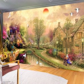 Tranh sơn dầu Châu Âu ngôi làng nhỏ bên dòng sông in uv