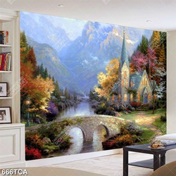 Tranh sơn dầu Châu Âu ngôi nhà bên dòng sông in uv