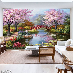 Tranh sơn dầu hoa đào nở rộ bên hồ nước đẹp in uv