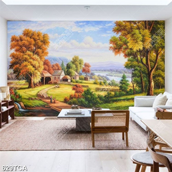 Tranh sơn dầu làng quê Châu Âu ngôi nhà nhỏ trên thảo nguyên xanh gắn tường