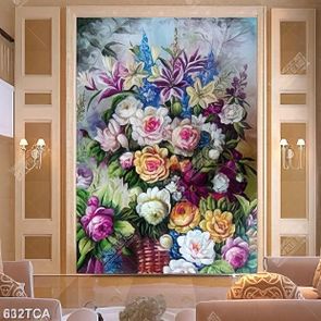 Tranh sơn dầu giỏ hoa đẹp decor bếp