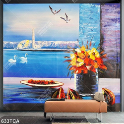 Tranh sơn dầu phong cảnh cửa sổ hướng ra dòng sông