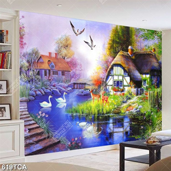 Tranh sơn dầu phong cách Châu Âu ngôi làng bên dòng sông