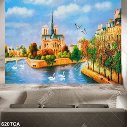 Tranh sơn dầu phong cách Châu Âu biệt thự bên dòng sông chất lượng cao