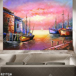 Tranh sơn dầu những chiếc thuyền trên dòng sông