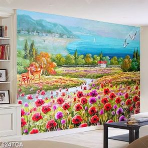 Tranh sơn dầu vườn hoa bên thành phố biển