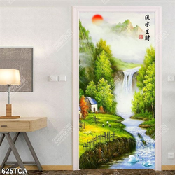 Tranh sơn dầu phong cảnh ngôi nhà bên thác nước phong thuỷ