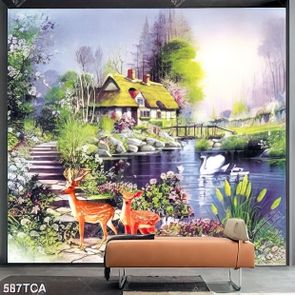 Tranh sơn dầu phong cảnh ngôi nhà bên sông thơ mộng