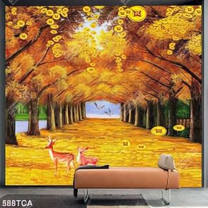 Tranh sơn dầu cây lá vàng mùa thu và nai đẹp nhất in uv
