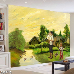 Tranh sơn dầu cảnh đồng quê mẹ bồng con in uv