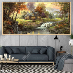 Tranh sơn dầu Châu Âu ngôi nhà gỗ trên con suối đá decor tường