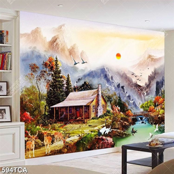 Tranh sơn dầu phong cảnh ngôi nhà gỗ dưới ngọn núi file psd