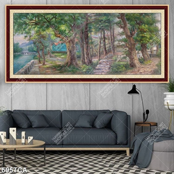 Tranh sơn dầu Châu Âu ngôi nhà gỗ bên rừng cây decor tường