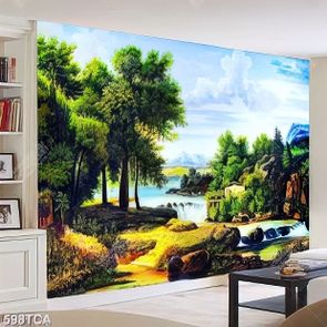 Tranh sơn dầu phong cảnh rừng cây bên thác nước và ngôi nhà nhỏ trang trí phòng khách