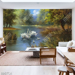 Tranh sơn dầu thiên nga trên hồ nước decor tường