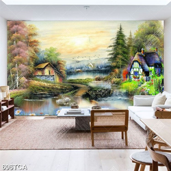 Tranh sơn dầu Châu Âu ngôi làng bên con sông