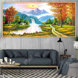 Tranh sơn dầu phong cảnh núi rừng mùa thu file gốc