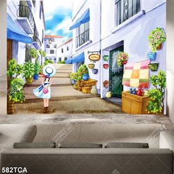 Tranh sơn dầu Châu Âu cô gái đứng giữa thành phố decor tường