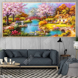 Tranh sơn dầu Châu Âu ngôi nhà nhỏ bên dòng sông xanh lãng mạng