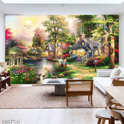 Tranh sơn dầu Châu Âu khu nhà bên dòng sông file psd