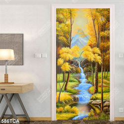 Tranh sơn dầu phong cảnh thác nước bên cây lá vàng decor tường