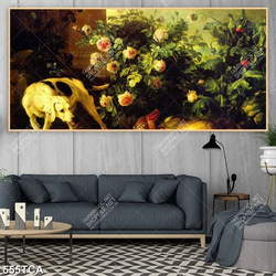 Tranh sơn dầu chú chó bên bụi hoa hồng đẹp nhất