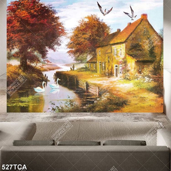 Tranh sơn dầu làng quê Châu Âu ngôi nhà bên dòng sông nhỏ đẹp nhất