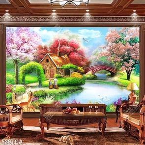 Tranh sơn dầu làng quê Châu Âu cô gái bên dòng sông trước ngôi nhà nhỏ file psd