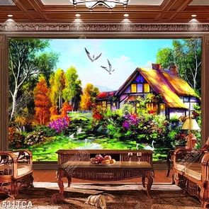 Tranh sơn dầu phong cảnh ngôi nhà và rừng cây đẹp