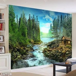 Tranh phong cảnh ngôi nhà gỗ bên con suối đá trang trí phòng khách
