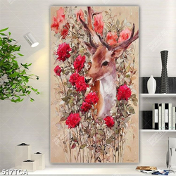 Tranh sơn dầu chú nai trong vườn hoa decor tường in uv Tranh sơn dầu chú nai trong vườn hoa decor tường in uv